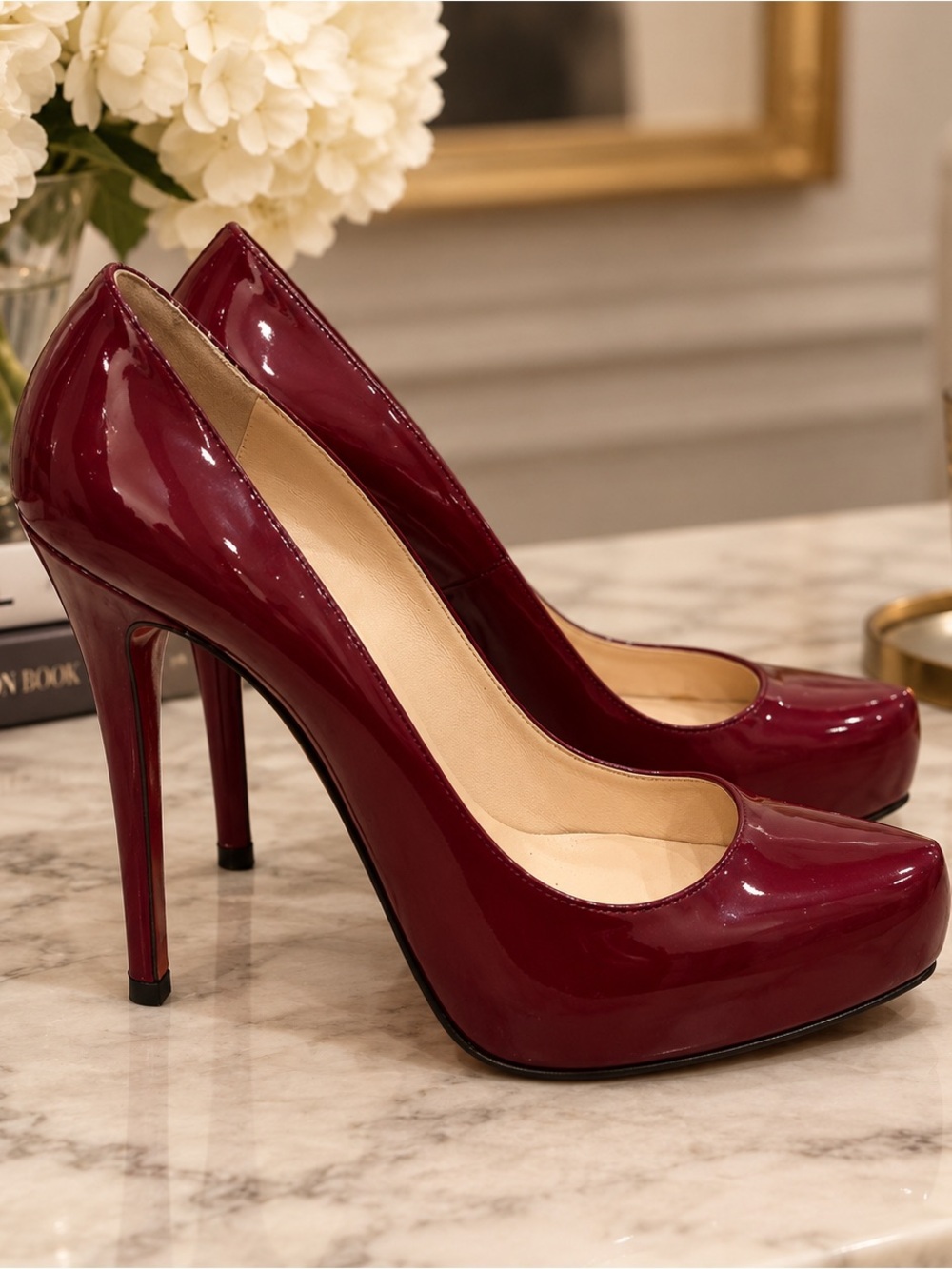 CHRISTIAN LOUBOUTIN Burgundy Patent Rolando Platform Pumps (39.5) fits size 8!